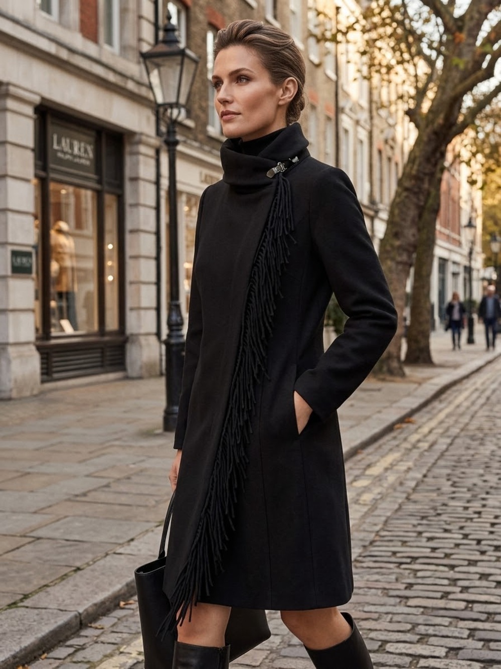 Lauren Ralph Lauren Black Fringe-Trim Trench Coat